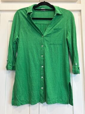 Chico’s Size 1 (M) Grass Green Linen Button Front Top 3/4 Sleeve